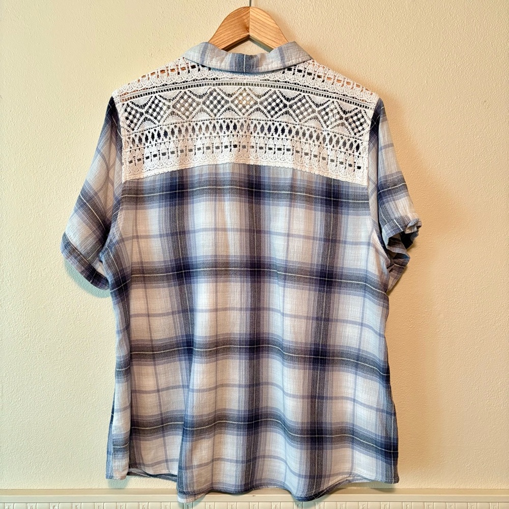 Plaid button down t-shirt with lace detail 100% cotton